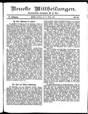 Neueste Mittheilungen vom 25.03.1884