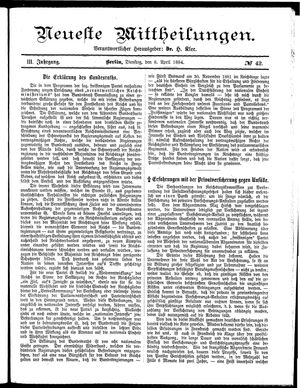 Neueste Mittheilungen vom 08.04.1884