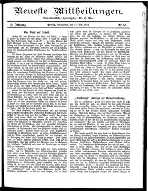 Neueste Mittheilungen vom 17.05.1884