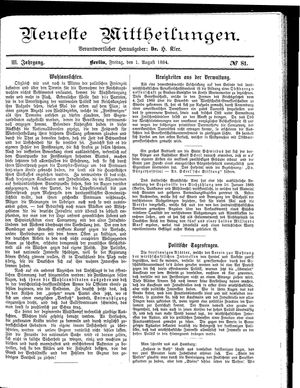 Neueste Mittheilungen vom 01.08.1884