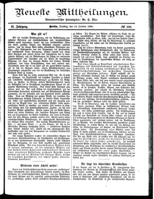 Neueste Mittheilungen vom 14.10.1884