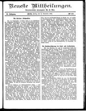 Neueste Mittheilungen vom 14.11.1884