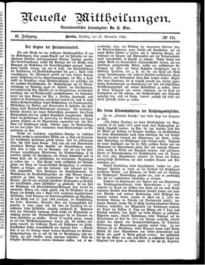 Neueste Mittheilungen vom 25.11.1884