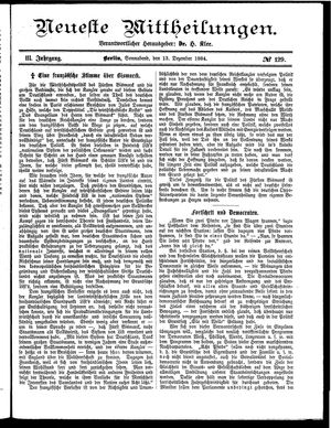 Neueste Mittheilungen vom 13.12.1884
