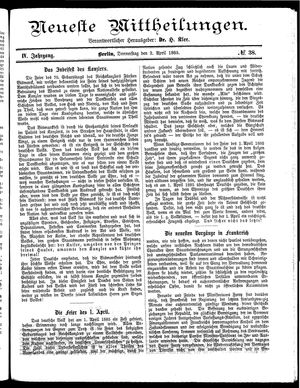 Neueste Mittheilungen vom 02.04.1885