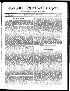 Neueste Mittheilungen vom 02.10.1885