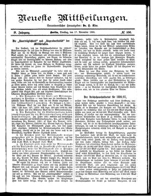 Neueste Mittheilungen vom 17.11.1885