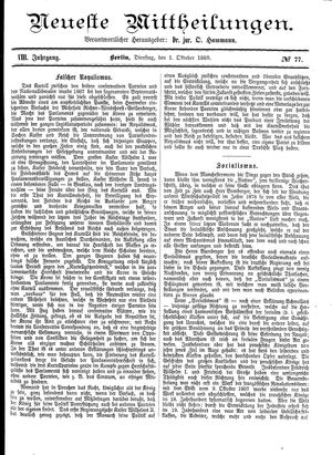 Neueste Mittheilungen vom 01.10.1889