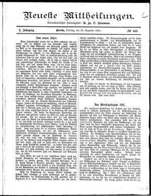 Neueste Mittheilungen vom 29.12.1891