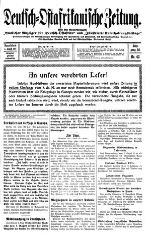 Deutsch-Ostafrikanische Zeitung vom 05.08.1914