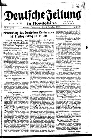 Deutsche Zeitung in Nordchina vom 05.10.1939