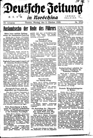 Deutsche Zeitung in Nordchina vom 09.10.1939