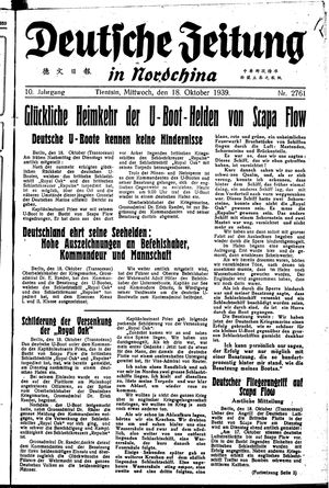 Deutsche Zeitung in Nordchina vom 18.10.1939