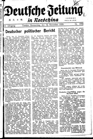 Deutsche Zeitung in Nordchina vom 16.11.1939