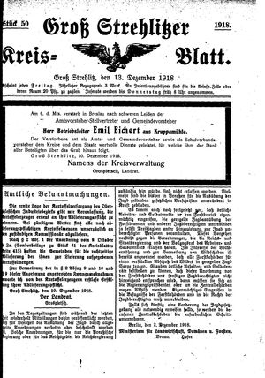 Groß-Strehlitzer Kreisblatt vom 13.12.1918