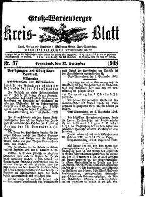 Groß-Wartenberger Kreisblatt on Sep 12, 1908