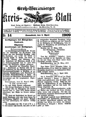 Groß-Wartenberger Kreisblatt vom 03.04.1909