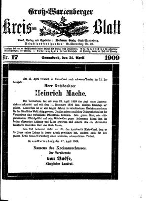 Groß-Wartenberger Kreisblatt vom 24.04.1909