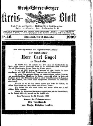 Groß-Wartenberger Kreisblatt vom 13.11.1909