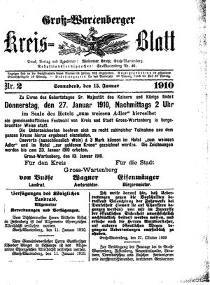 Groß-Wartenberger Kreisblatt on Jan 15, 1910