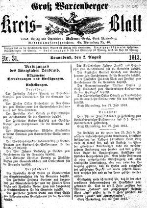 Groß-Wartenberger Kreisblatt vom 02.08.1913