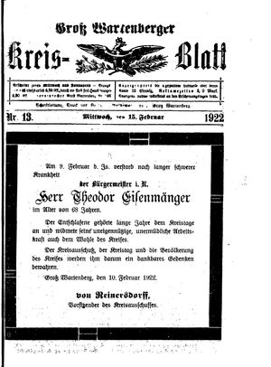 Groß-Wartenberger Kreisblatt vom 15.02.1922