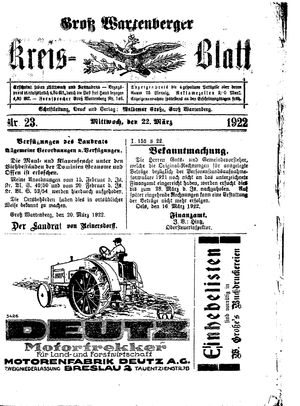 Groß-Wartenberger Kreisblatt vom 22.03.1922