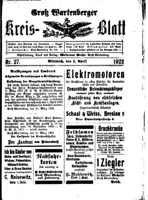 Groß-Wartenberger Kreisblatt vom 05.04.1922