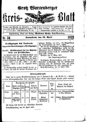 Groß-Wartenberger Kreisblatt vom 29.04.1922