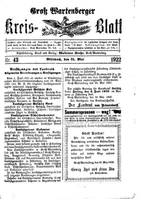 Groß-Wartenberger Kreisblatt vom 31.05.1922