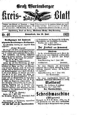 Groß-Wartenberger Kreisblatt vom 10.06.1922