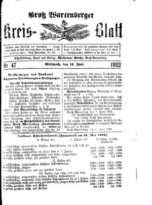 Groß-Wartenberger Kreisblatt vom 14.06.1922