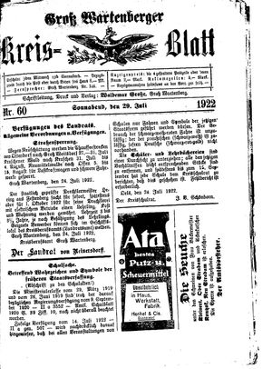 Groß-Wartenberger Kreisblatt vom 29.07.1922