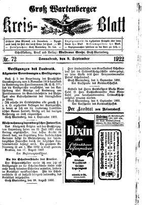 Groß-Wartenberger Kreisblatt vom 09.09.1922