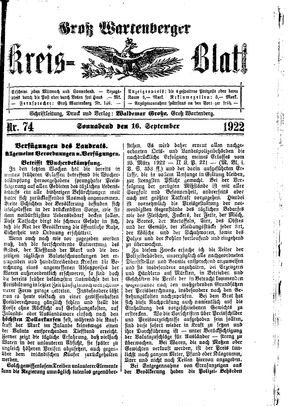 Groß-Wartenberger Kreisblatt vom 16.09.1922