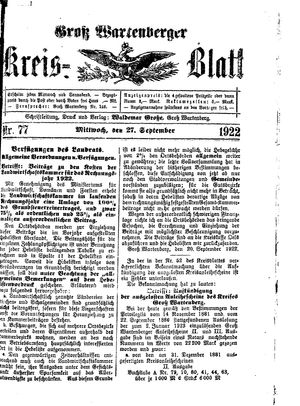 Groß-Wartenberger Kreisblatt vom 27.09.1922