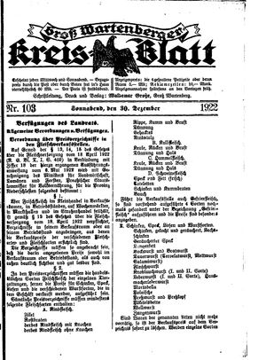 Groß-Wartenberger Kreisblatt vom 30.12.1922