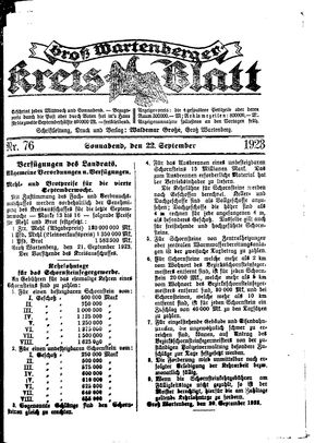 Groß-Wartenberger Kreisblatt vom 22.09.1923