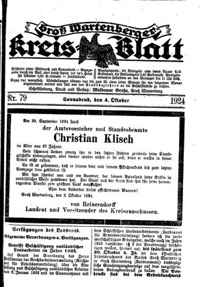 Groß-Wartenberger Kreisblatt on Oct 4, 1924
