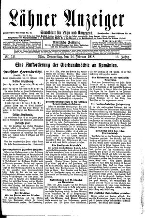 Lähner Anzeiger vom 14.02.1918