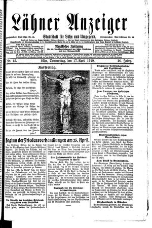 Lähner Anzeiger vom 17.04.1919