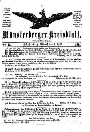 Münsterberger Kreisblatt vom 01.04.1914