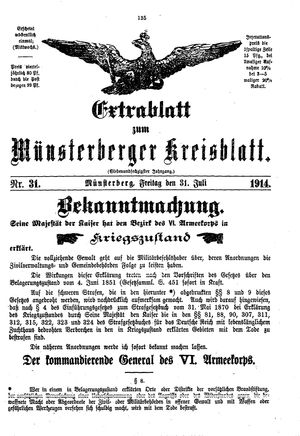 Münsterberger Kreisblatt vom 31.07.1914