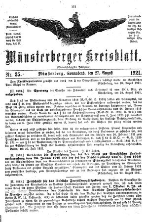 Münsterberger Kreisblatt vom 27.08.1921