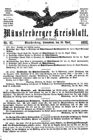 Münsterberger Kreisblatt vom 29.04.1922
