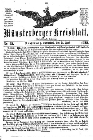 Münsterberger Kreisblatt vom 24.06.1922