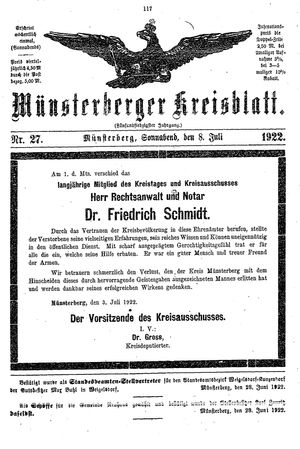 Münsterberger Kreisblatt vom 08.07.1922