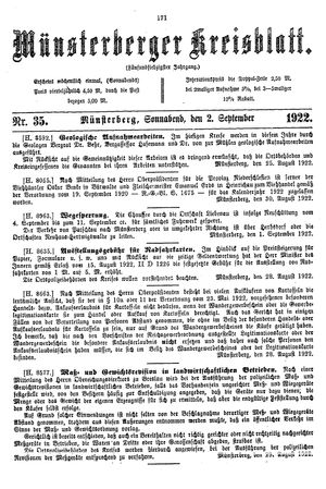 Münsterberger Kreisblatt vom 02.09.1922