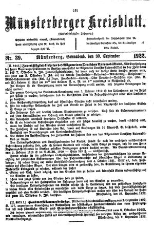 Münsterberger Kreisblatt vom 30.09.1922