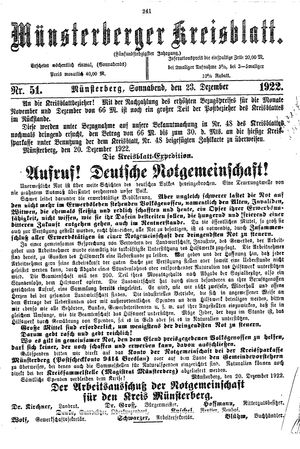 Münsterberger Kreisblatt vom 23.12.1922